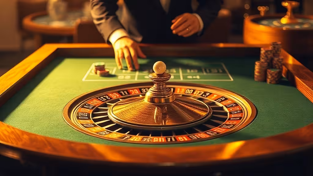 Table de roulette professionnelle vue d'angle élevé, avec jetons et balle de jeu visibles