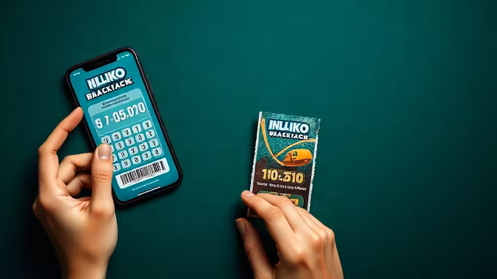 Ticket Maxi Blackjack FDJ gratté avec smartphone affichant la phase digitale, ambiance casino professionnelle.