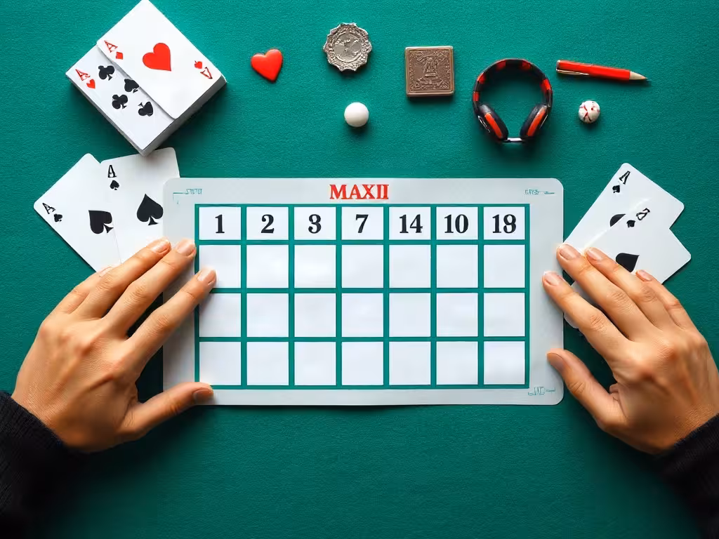 Gros plan sur ticket Maxi Blackjack montrant les 12 cases et structure du jeu avec cartes.