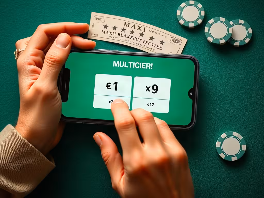 Écran digital du Maxi Blackjack montrant le choix de multiplicateur, entouré de jetons et du ticket gratte.