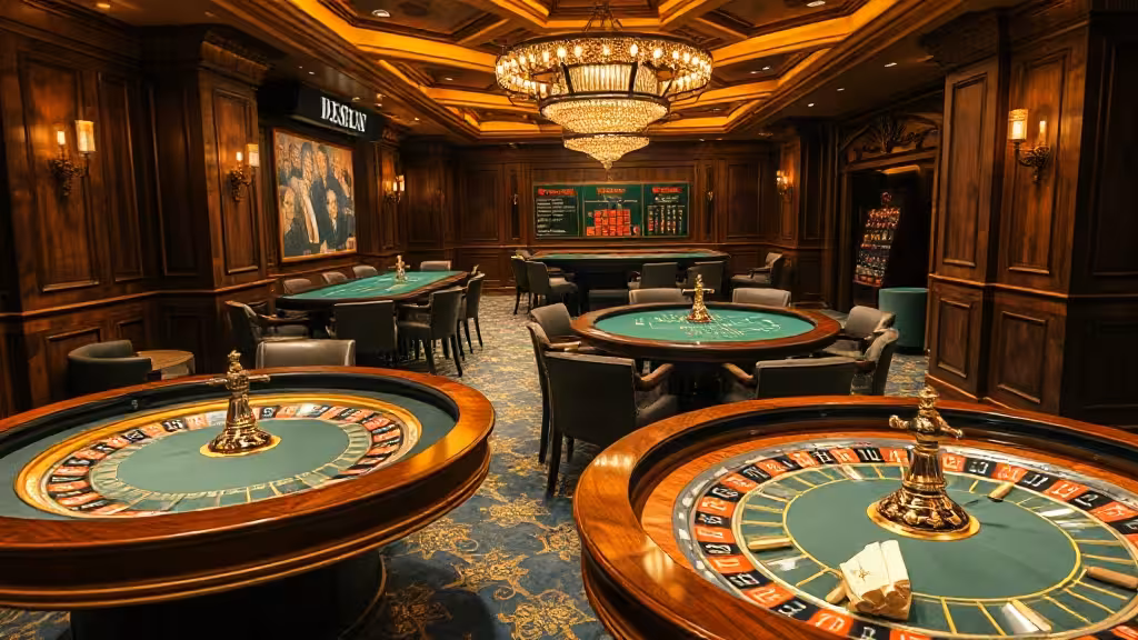 Salle de jeu d'un casino terrestre français avec tables, jetons et ambiance professionnelle.