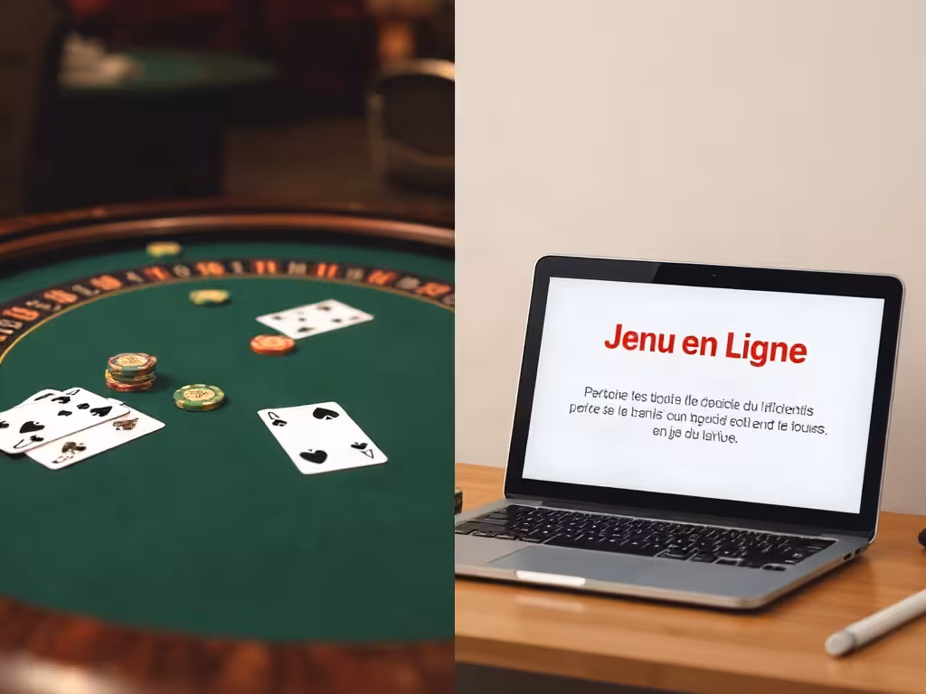 Comparaison visuelle entre table de casino terrestre française et plateforme de jeu en ligne sur écran.