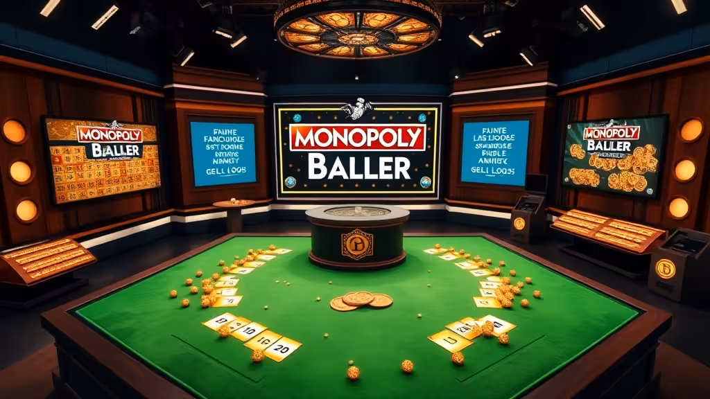 Plateau de jeu Monopoly Big Baller en studio live avec écrans lumineux, cartes dorées et jetons sur feutrine verte
