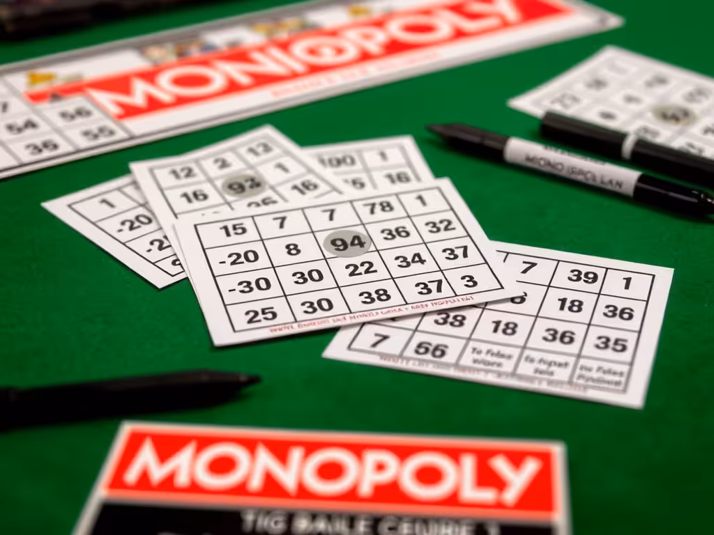 Gros plan sur cartes bingo Monopoly Big Baller avec grilles de numéros et marqueurs noirs montrant les mécaniques du jeu
