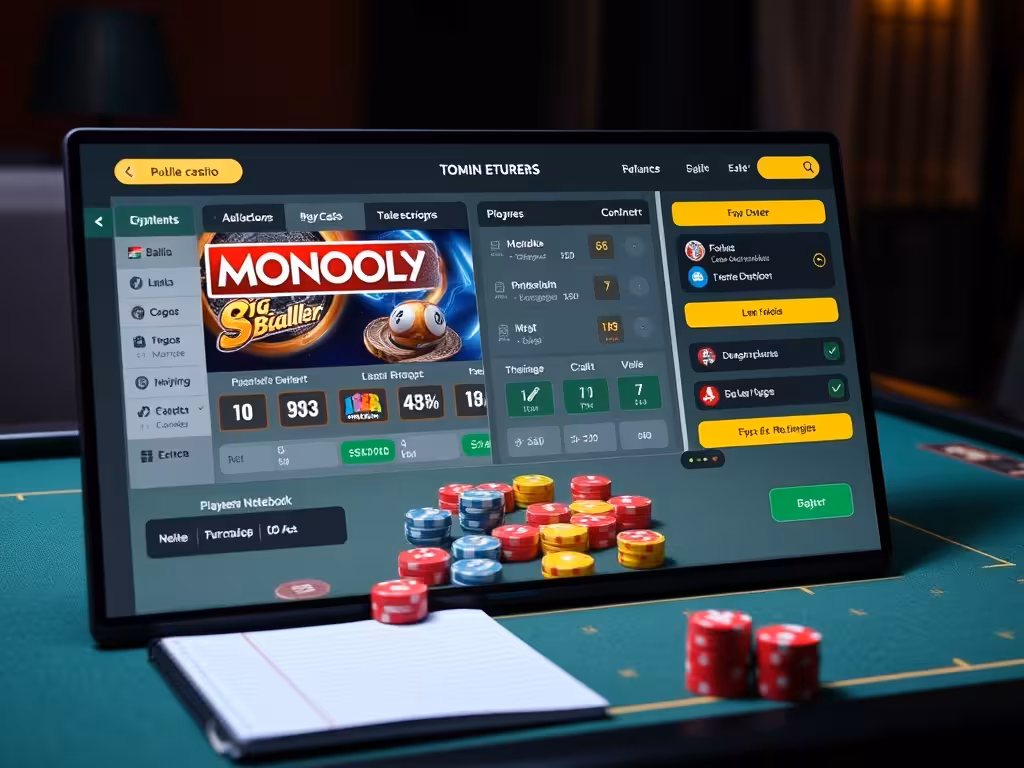 Interface en ligne de Monopoly Big Baller avec jetons de mise et affichage du crédit sur plateforme de casino licencié