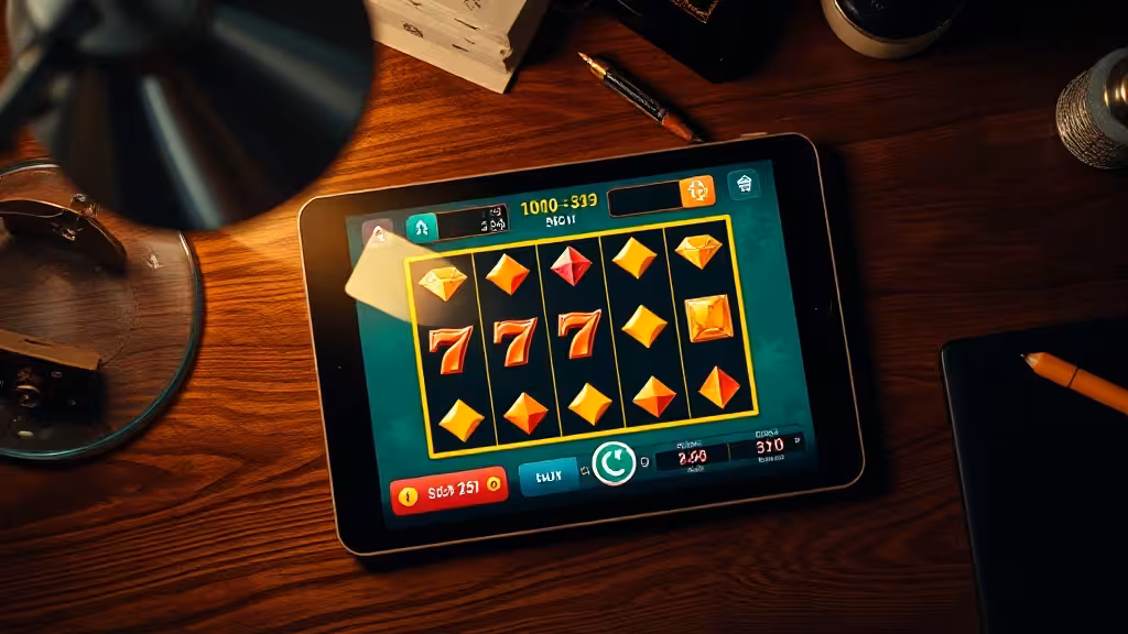 Interface de machine à sous gratuite sans téléchargement affichée sur écran tactile, ambiance casino professionnelle et lumière douce.