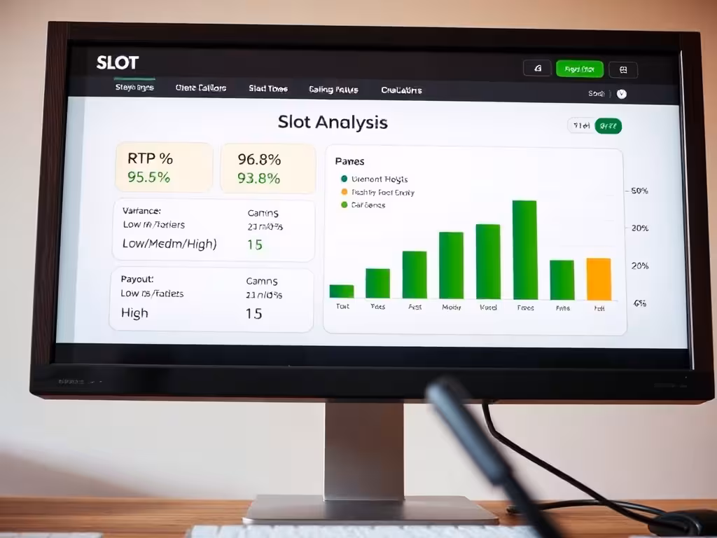 Tableau de bord d'analyse affichant RTP, variance et données de rendement pour évaluer les machines à sous.