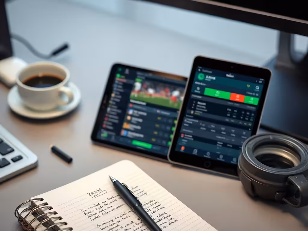 Poste d'analyse avec tablette et téléphone montrant des cotes Parions Sport, notes de calcul et stylo, illustrant l'étude méthodique de l'espérance de gain