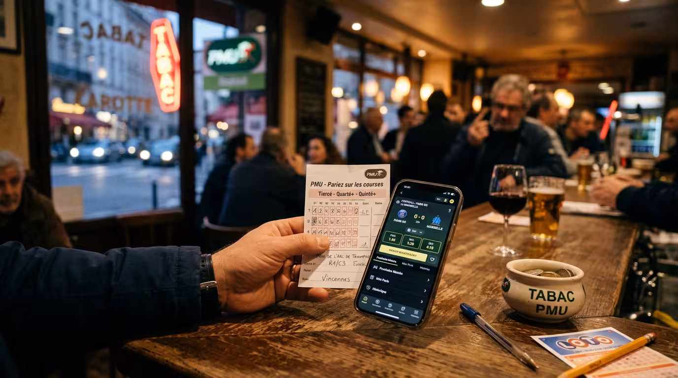 Comptoir de bureau de tabac avec ticket de paris papier et smartphone affichant une appli de paris sportifs