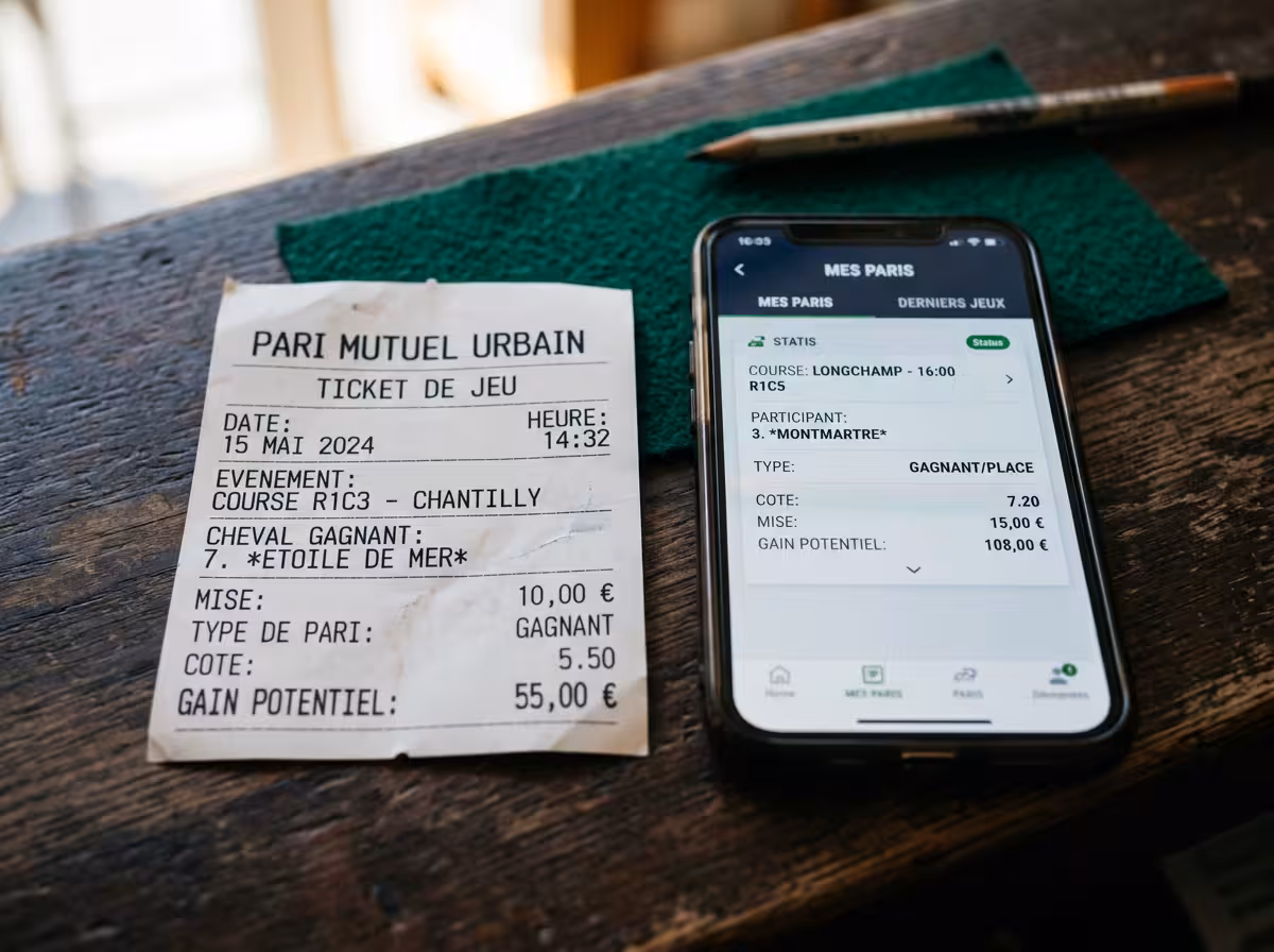 Comparaison entre un ticket de paris en bureau de tabac et une interface de paris en ligne sur smartphone