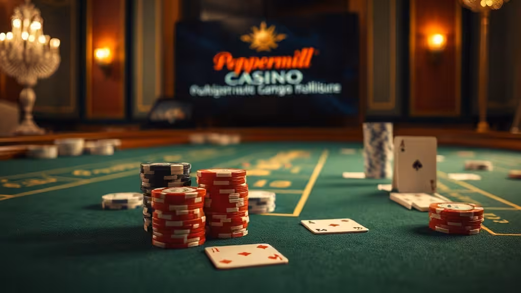 Table de casino avec jetons colorés et feutrine verte, ambiance professionnelle Peppermill