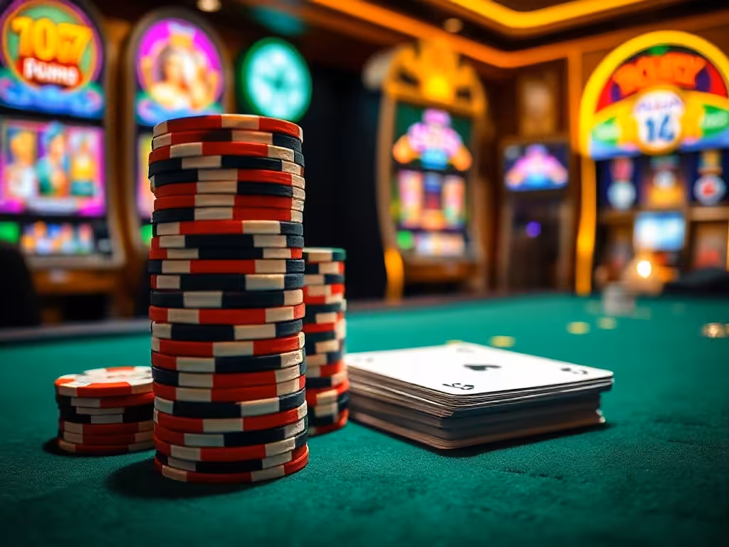 Jetons de poker empilés sur feutrine, illustration variété des jeux Peppermill Casino