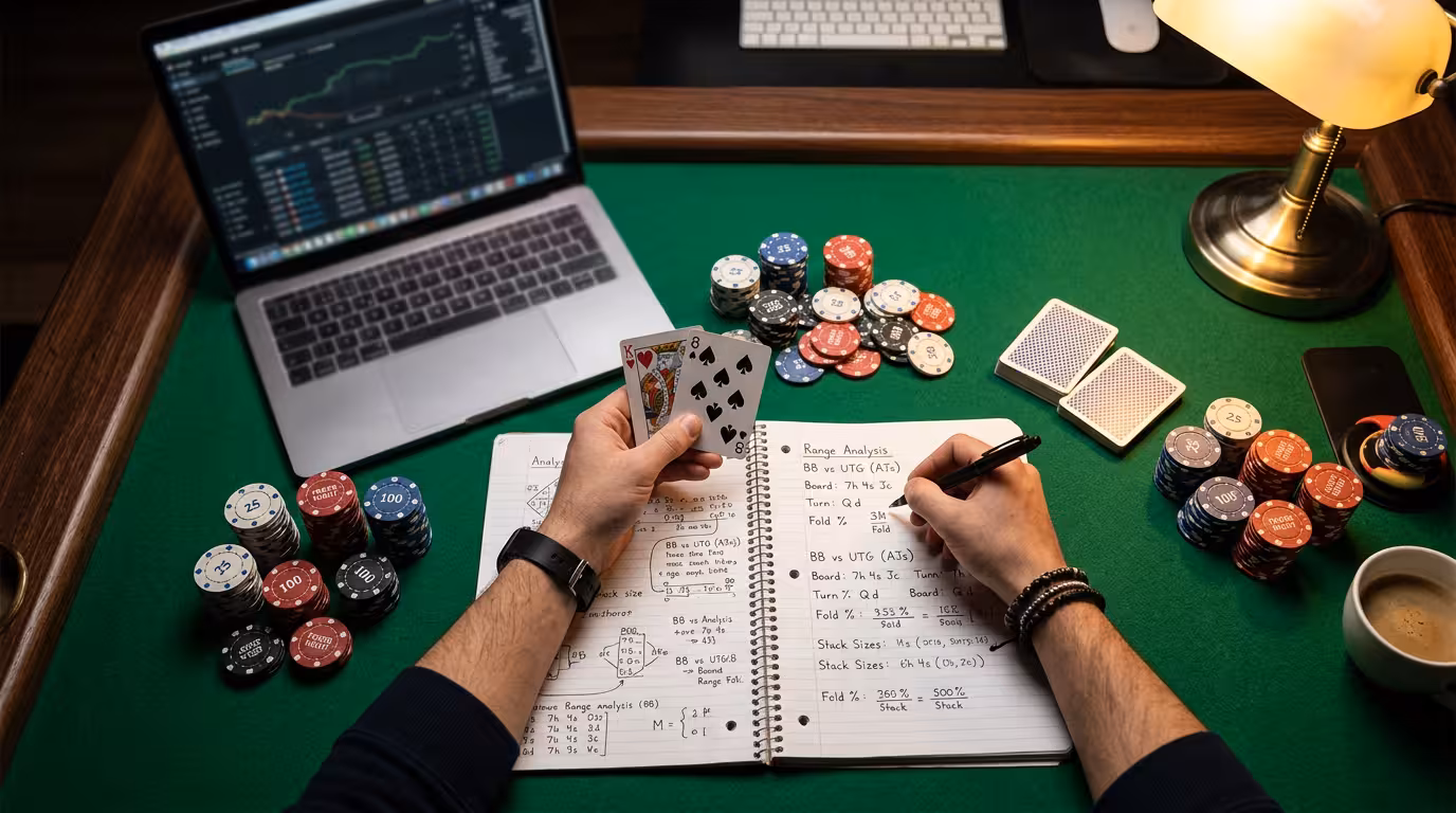 Plateau de poker avec cartes et analyse pour l'apprentissage sur Replay Poker