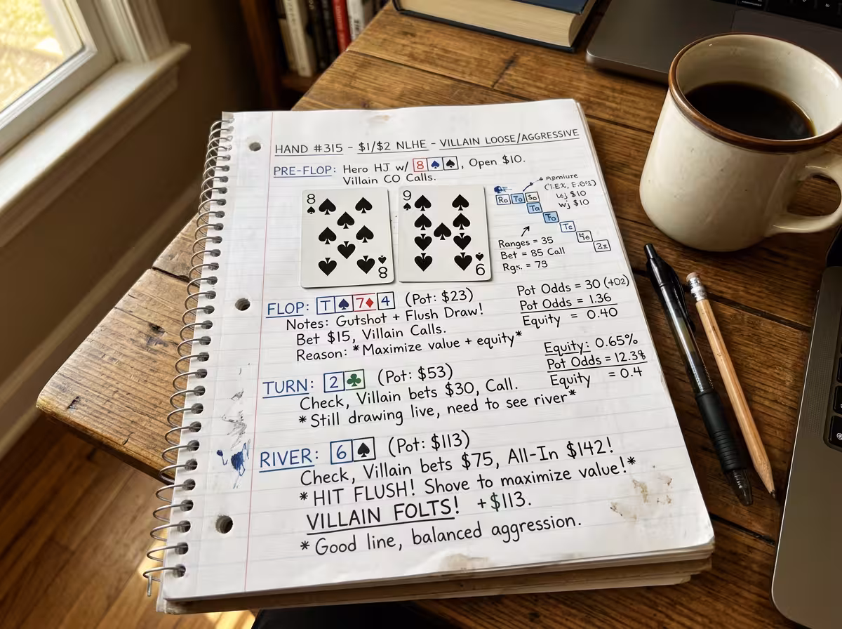 Notes d'analyse des mains de poker écrites à la main, illustrant la progression du joueur