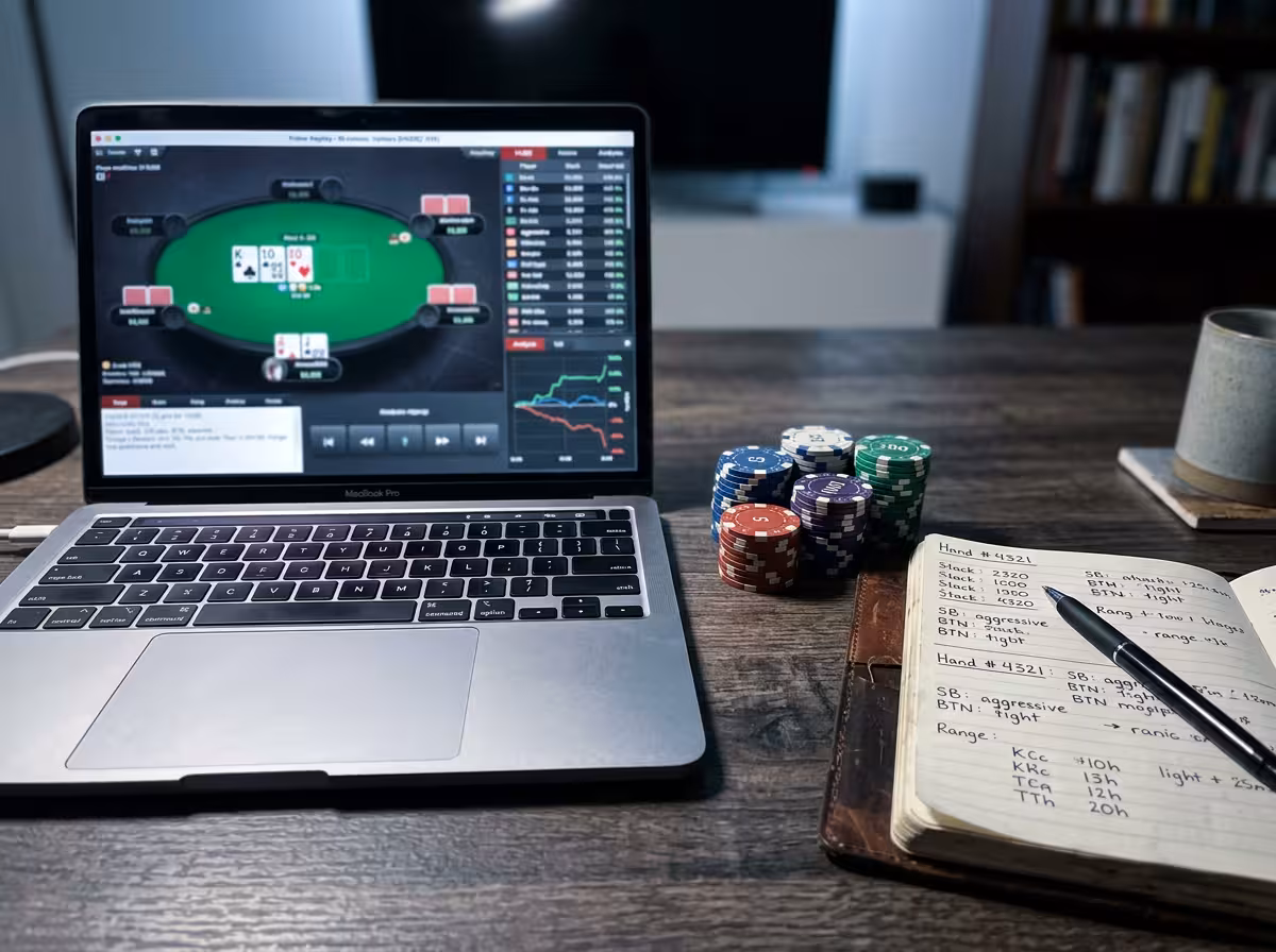 Interface d'analyse poker sur écran et jetons réels montrant le contraste entre simul et enjeu réel