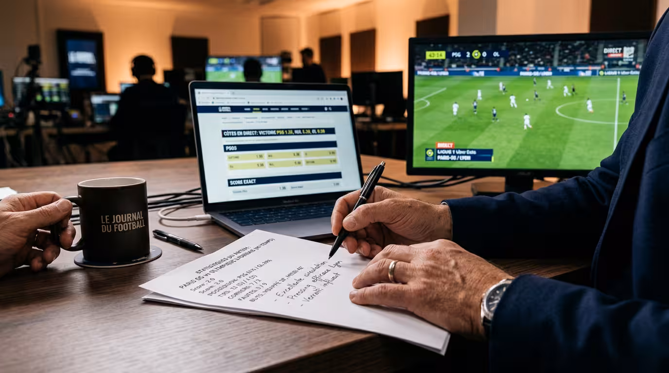 Bureau d'analyste avec feuille de statistiques et écrans pour préparer un prono sportif