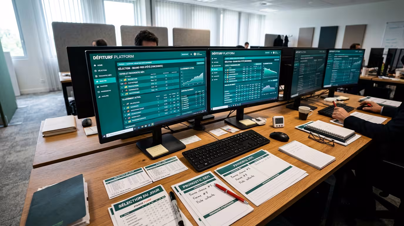 Bureau d'analyse de pronostics défi hippique : écrans turquoise affichant stats chevaux, cotes et plateforme de turf, cartes de sélection sur table en bois.