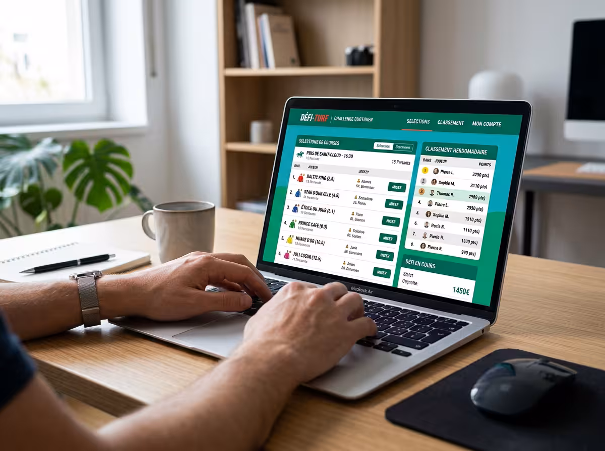 Écran de plateforme de pronostic défi : interface turquoise affichant sélections chevaux, cotes actualisées et classement des participants.