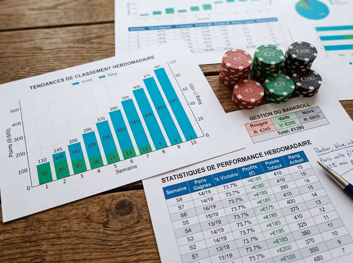 Tableau d'analyse de progression : graphiques de classement hebdomadaire, gestion de bankroll et statistiques de défi pronostic en chiffres clés.