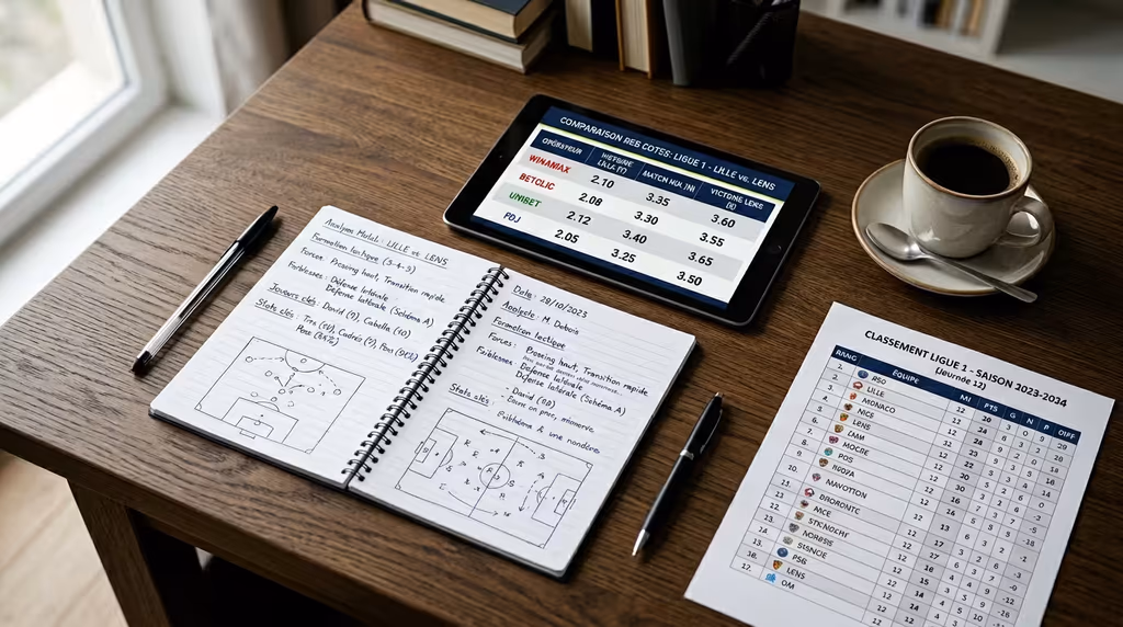 Bureau d'analyse pour pronostic foot avec carnet, tablette de cotes et classement de championnat