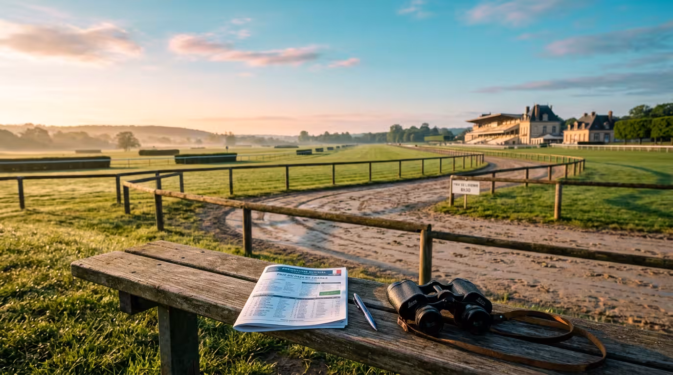Programme de courses hippiques posé près d'une piste pour analyser un pronostic quinté base