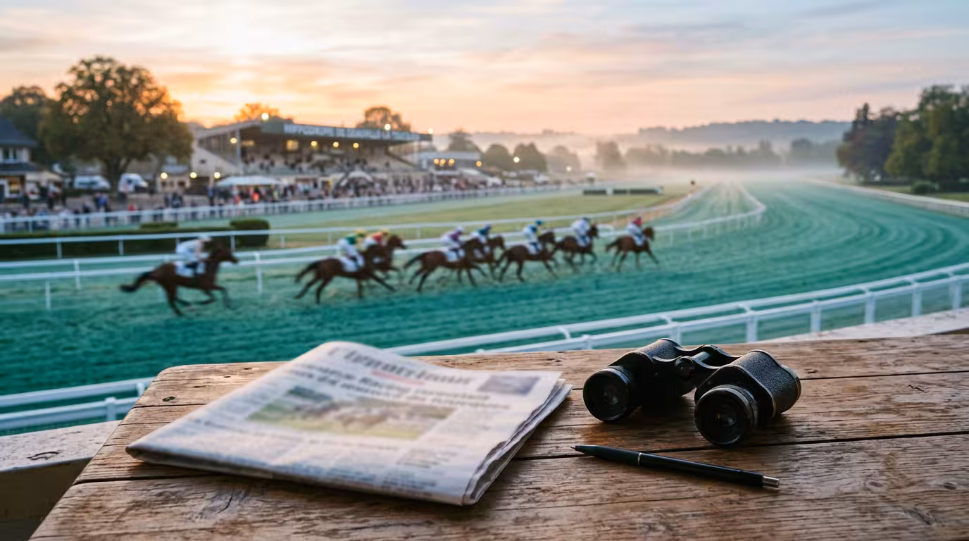 Pronostic quinté du jour analysé sur table en bord de piste à l'aube