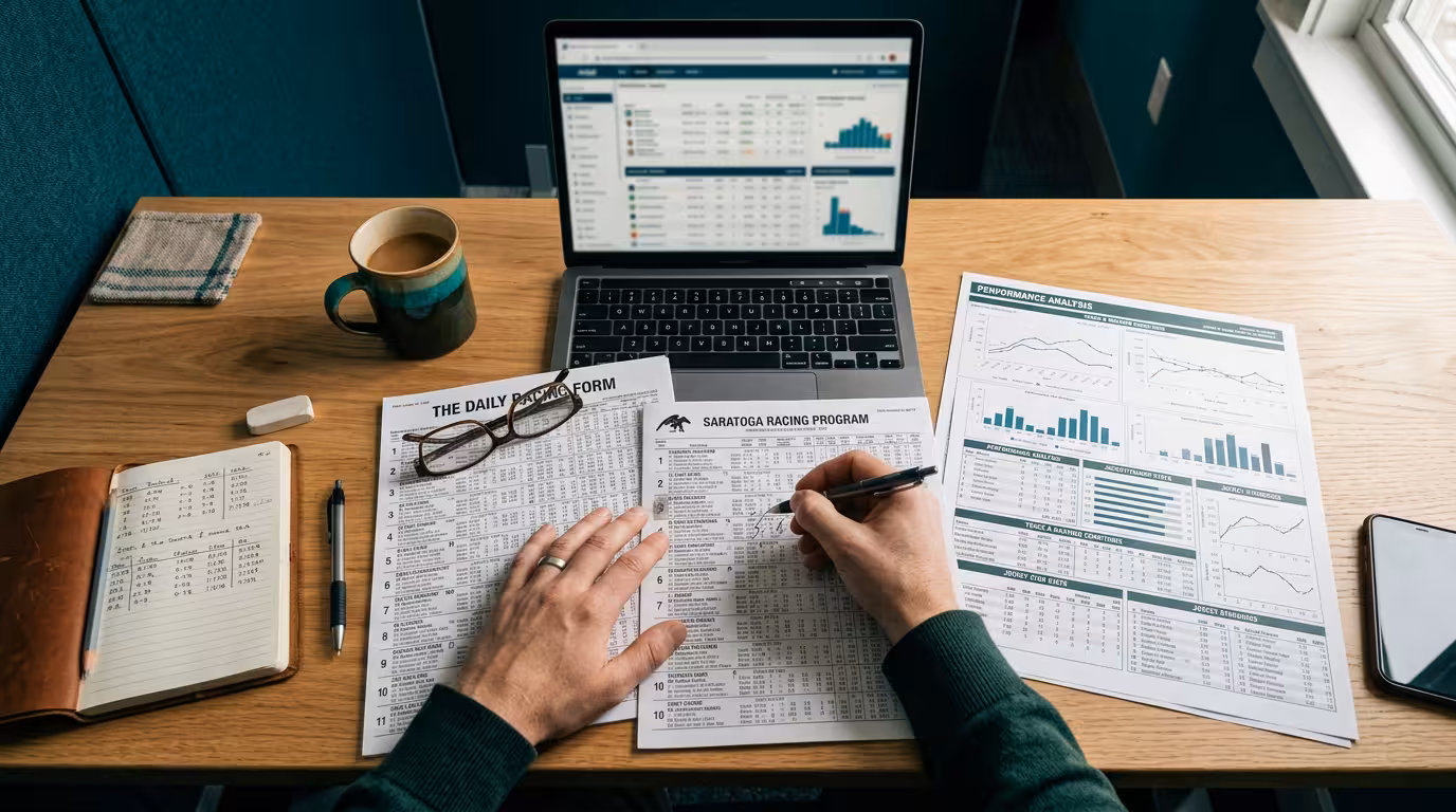 Espace de travail professionnel dédié à l'analyse de pronostics pour courses hippiques avec documents et statistiques