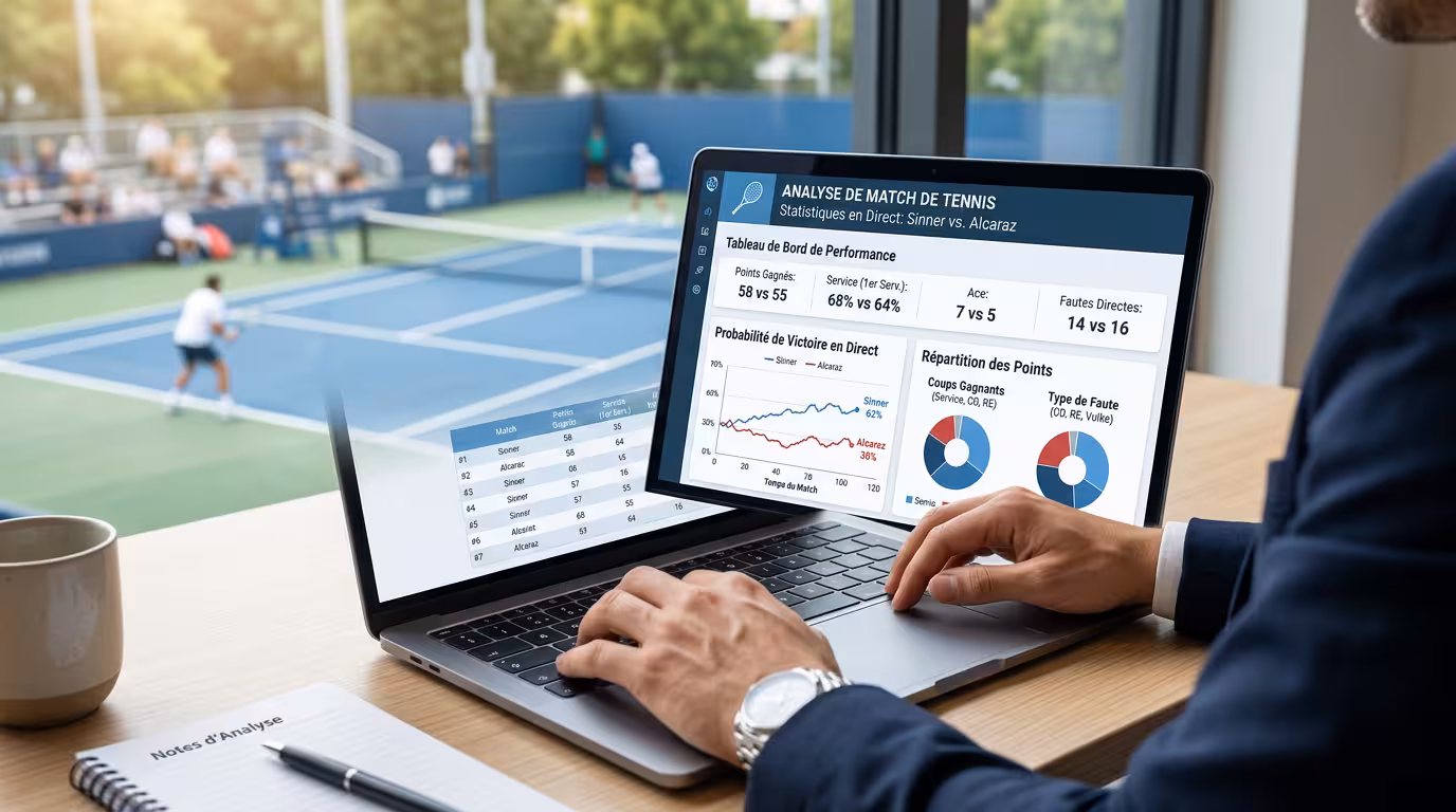 Analyse de pronostic tennis sur un ordinateur portable avec tableau de statistiques de match ATP