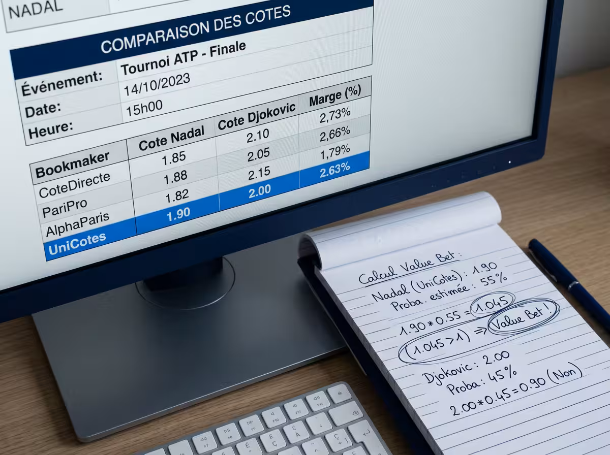 Tableau de cotes tennis en français avec calcul de marge bookmaker et détection de value bet