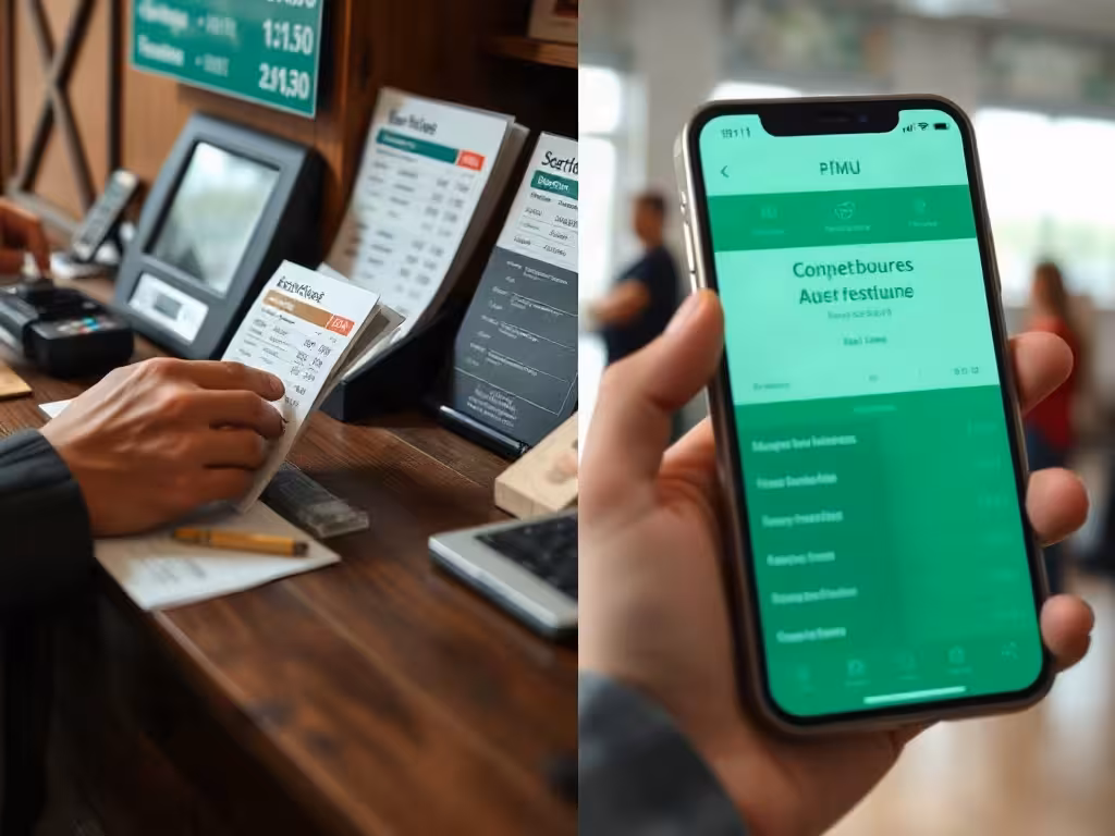 Pari traditionnel au comptoir PMU et pari numérique sur application, illustrant les deux canaux de mise.