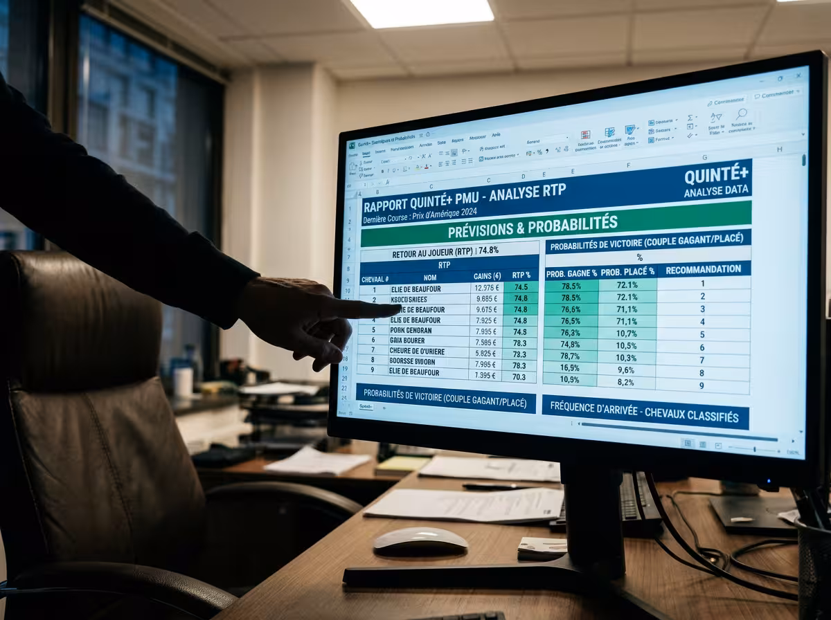 Écran de statistiques RTP et probabilités du quinté+ avec interface analytique détaillée