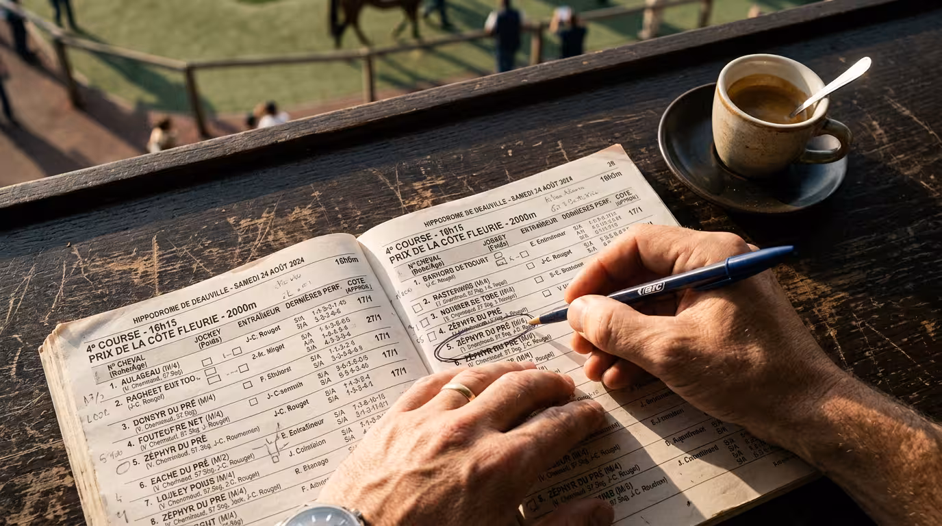 Formbook de courses hippiques annoté sur un bureau, analyse de pronostic quinté