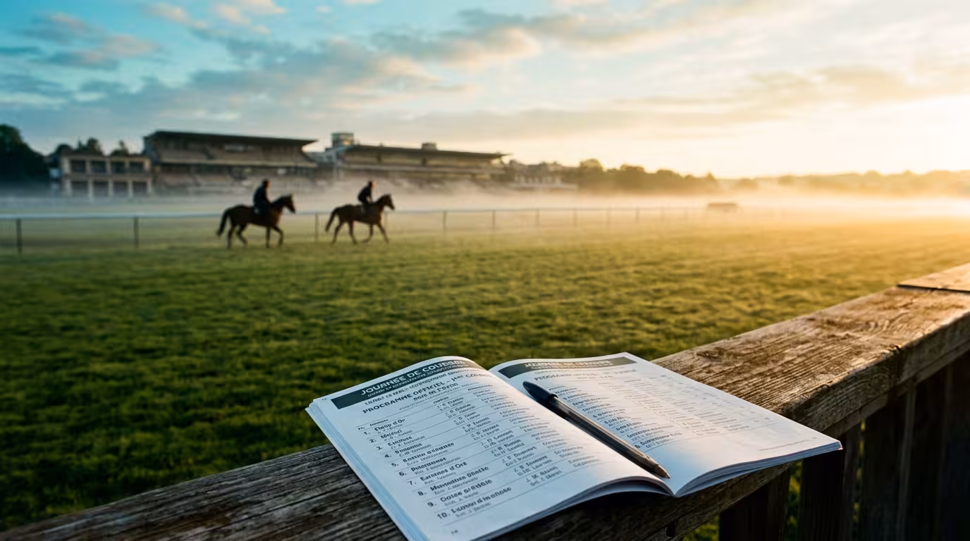 Programme de quinté ouvert sur une rambarde d'hippodrome au petit matin, chevaux en silhouette sur la piste