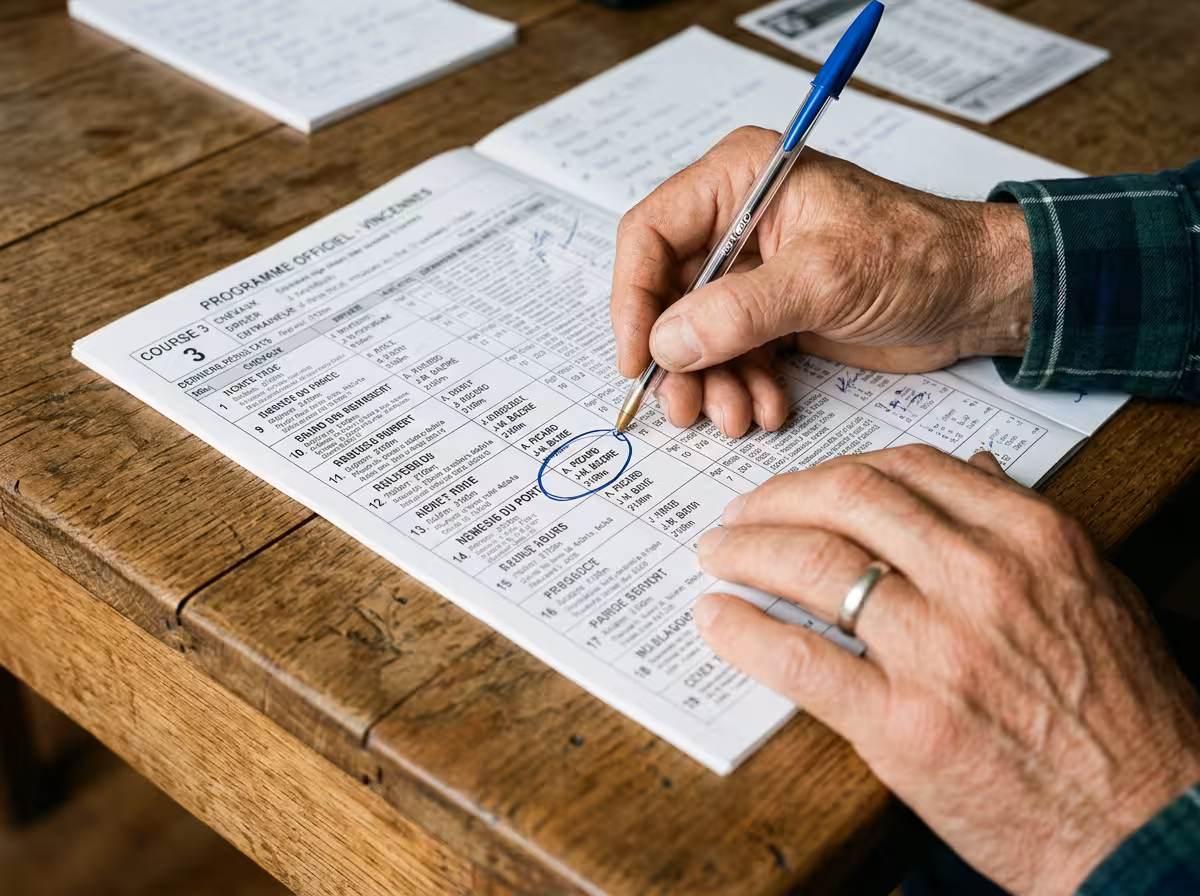 Mains annotant un programme de courses hippiques, sélection quinté encerclée au stylo bille