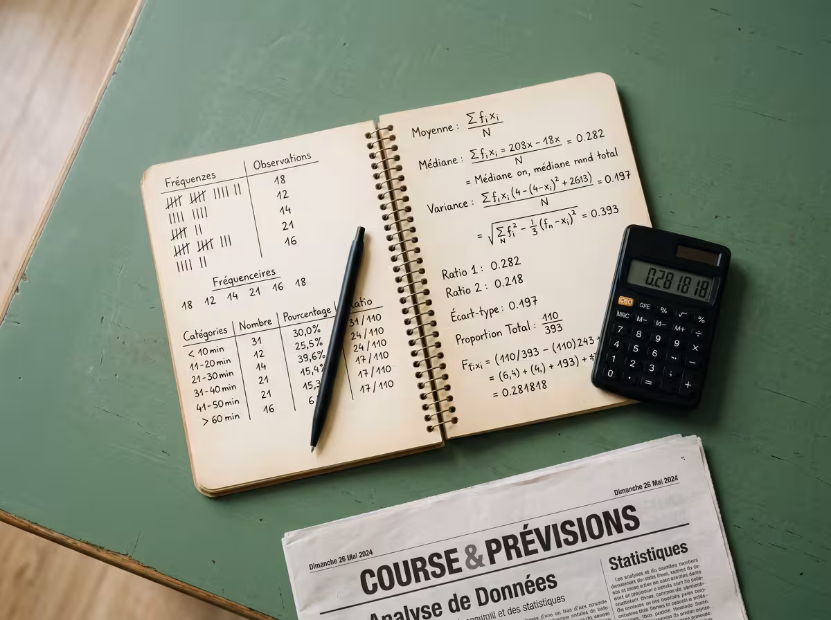 Bloc-notes de suivi statistique d'un parieur sur le quinté, données chiffrées manuscrites en français