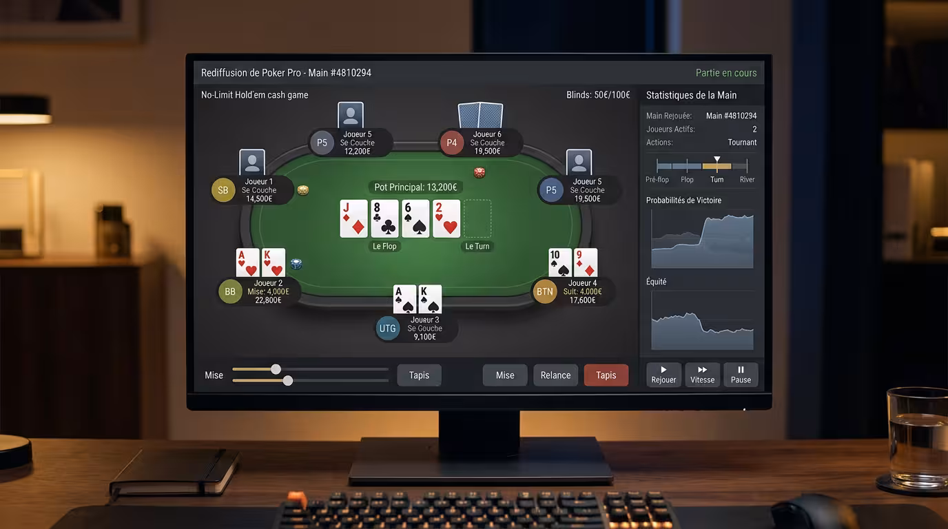 Interface de replay poker affichant une table virtuelle avec cartes et enjeux, ambiance professionnelle et analytique.
