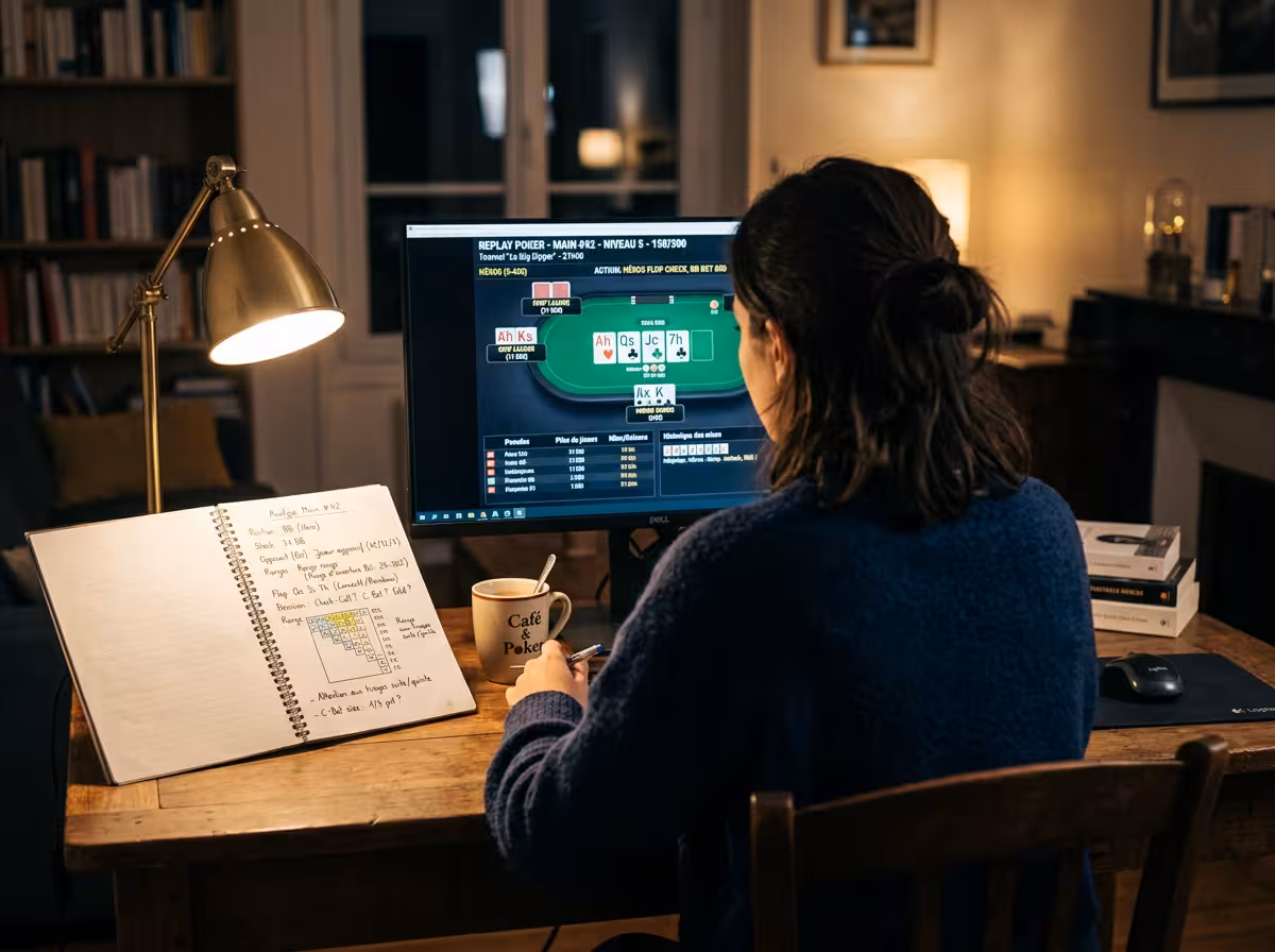 Joueur analysant un replay poker sur écran avec carnet de notes pour corriger ses erreurs stratégiques.