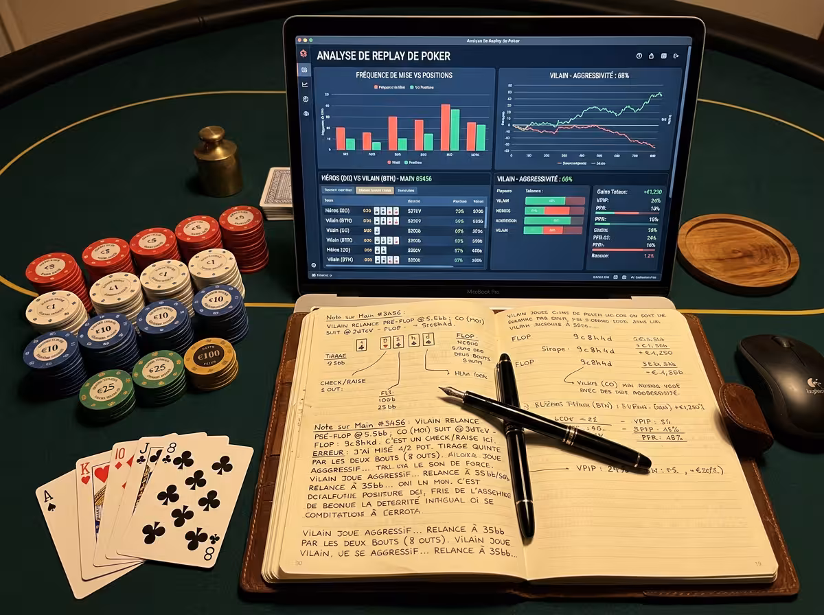 Bureau d'étude avec graphiques de statistiques poker, outils comparatifs, jetons et cartes pour l'analyse méthodique.