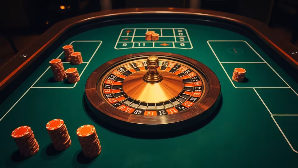 Table de roulette avec jetons et feutrine verte, ambiance casino professionnelle