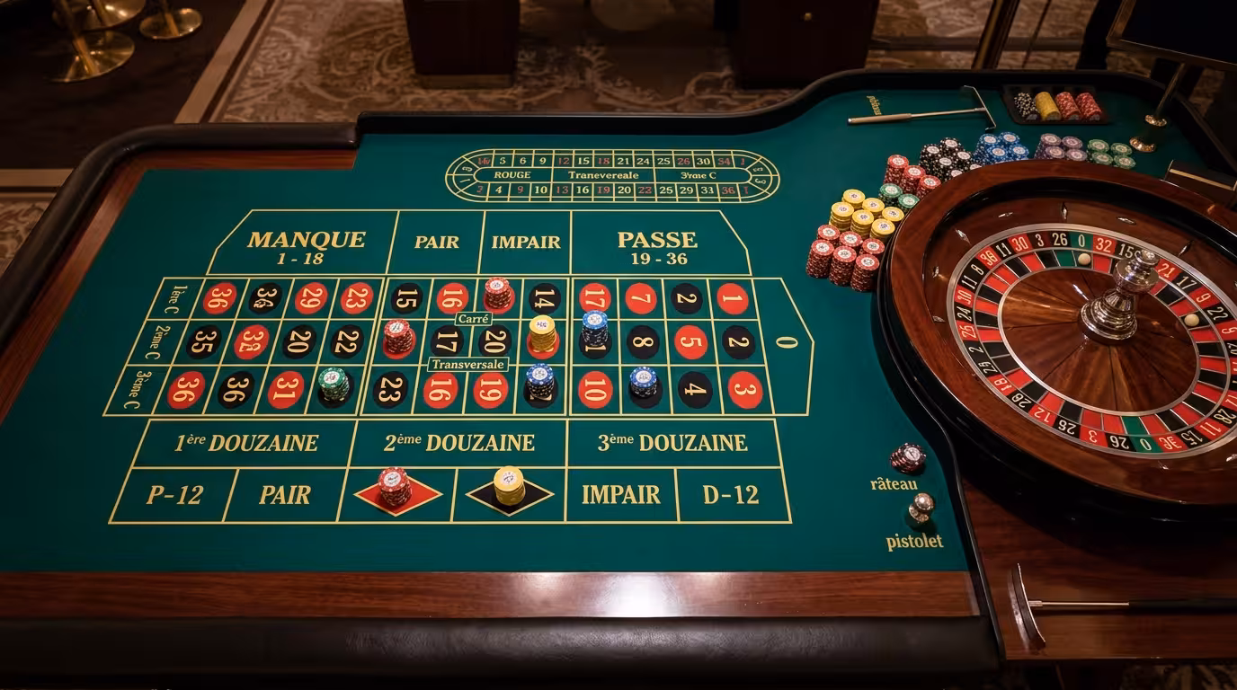 Vue d'une table de roulette casino avec jetons de mise et zones numérotées