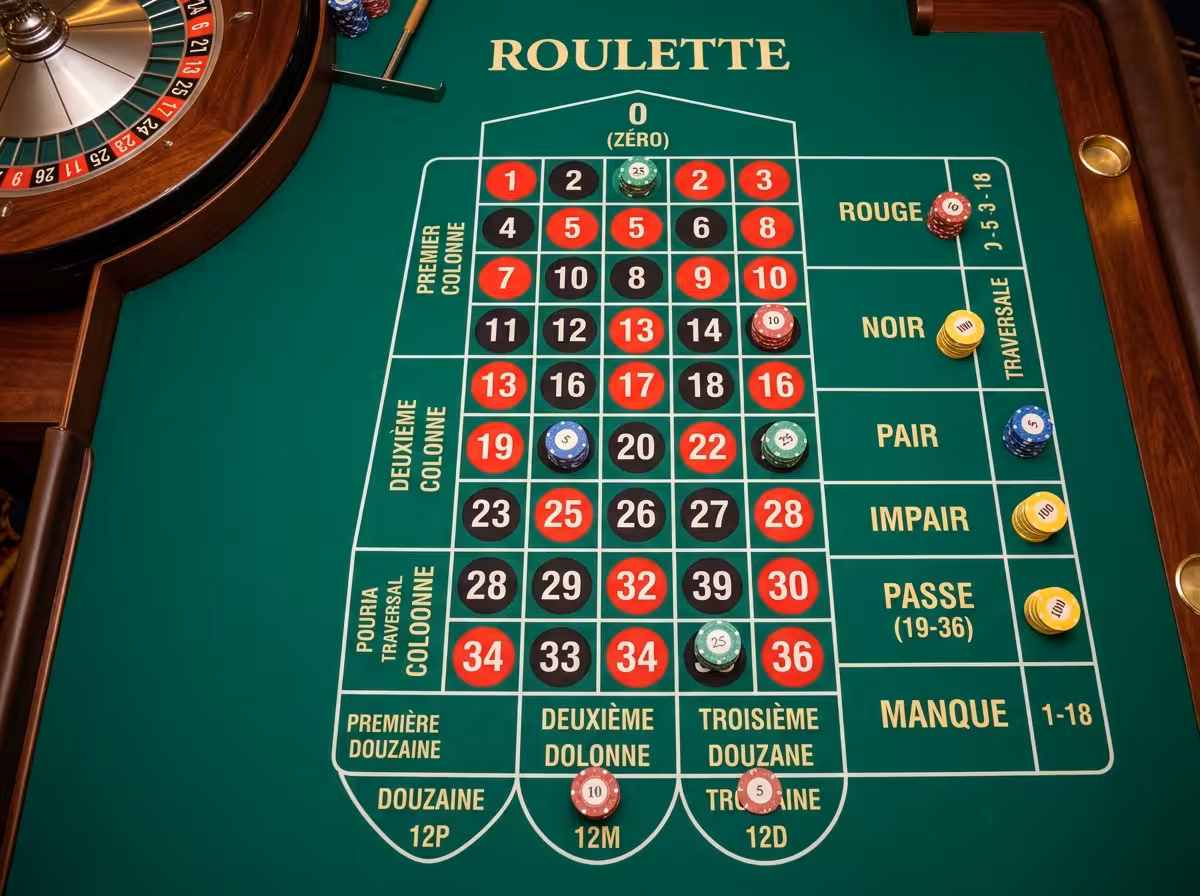Plateau de roulette avec jetons de mise et zones de pari numérotées