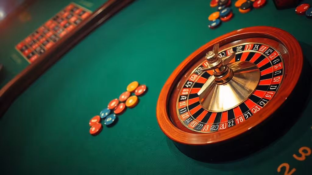 Interface de roulette en ligne gratuite en mode démo, tapis vert casino avec jetons et roue.