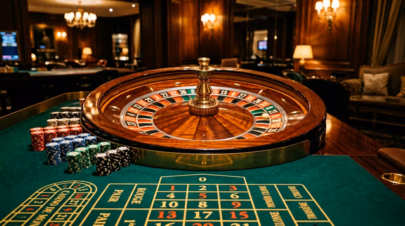 Roulette en ligne européenne sur tapis vert avec jetons colorés et bois verni