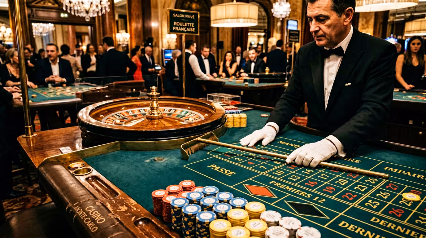 Table de roulette professionnelle avec jetons et croupier illustrant la stratégie roulette