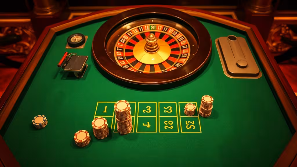 Table de roulette européenne illuminée au doré, jetons placés méthodiquement, ambiance d'analyse stratégique