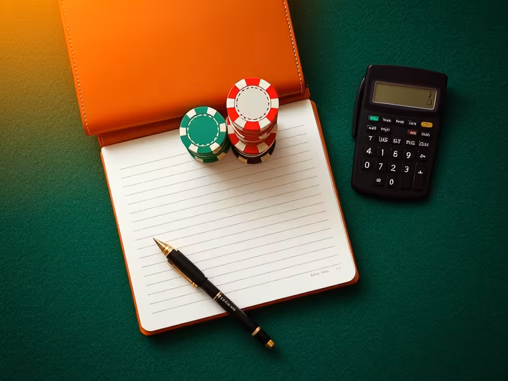 Espace analytique avec jetons de roulette, carnet fermé et outils de calcul sur surface verte