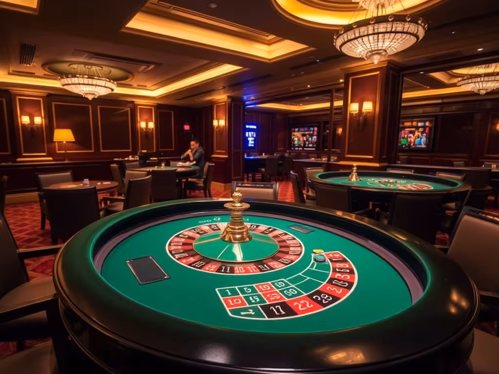 Ambiance intérieure d'un casino européen licencié, table de roulette sous éclairage professionnel