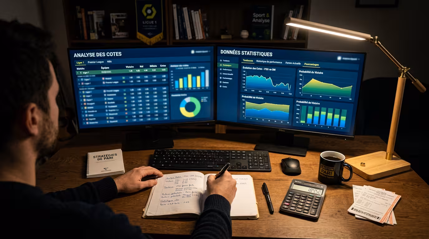 Bureau d'analyse d'un parieur sportif rentable avec écrans de cotes et carnet de suivi