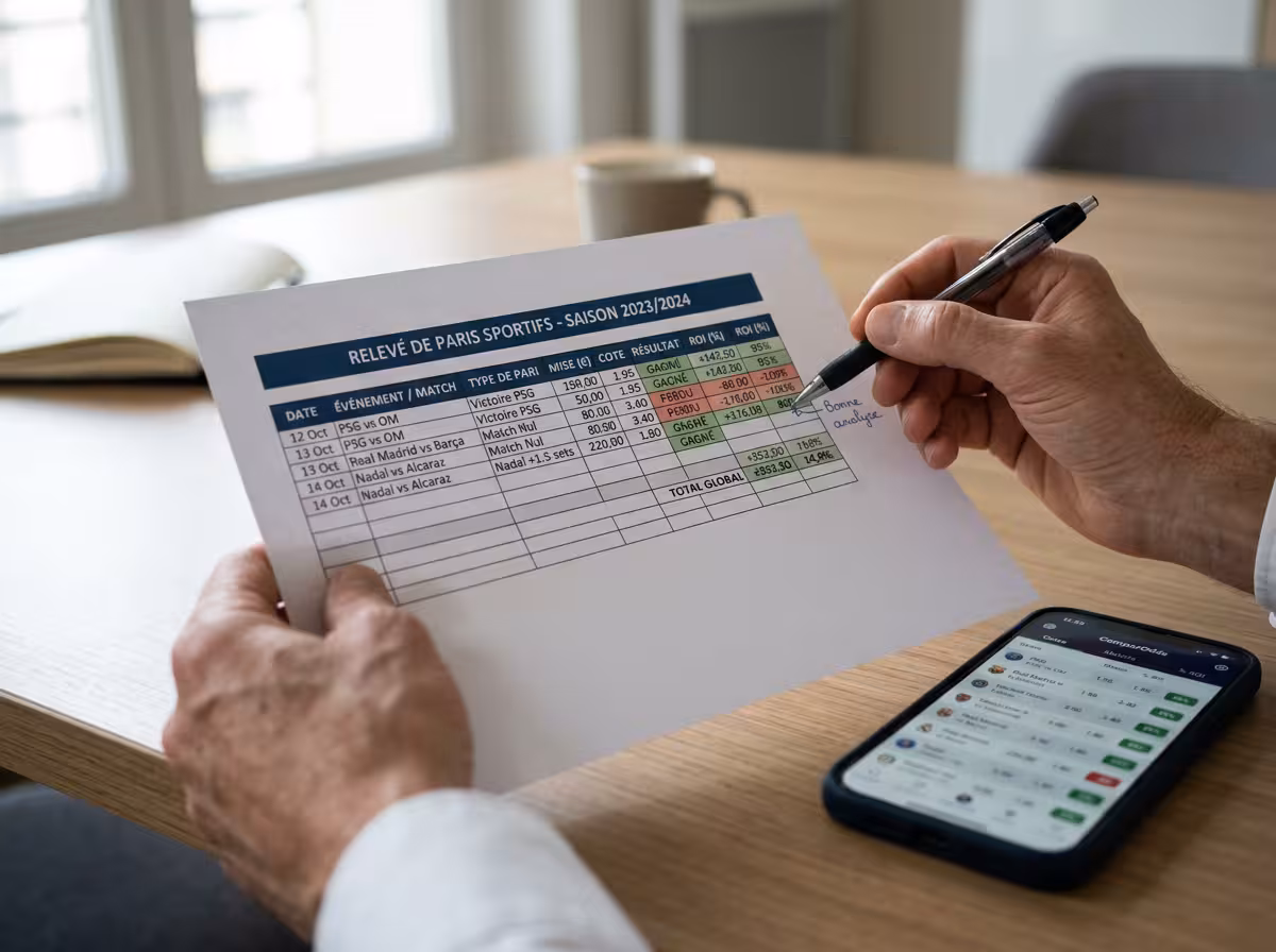 Mains analysant un tableau de suivi de value bets et de ROI sur un carnet de parieur