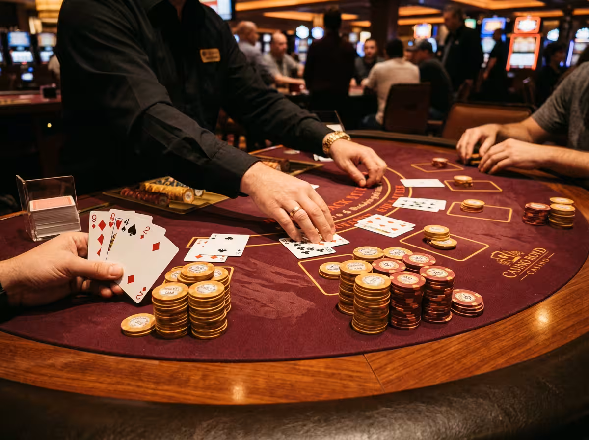 Table de jeu du Seven Casino Amnéville avec jetons et cartes